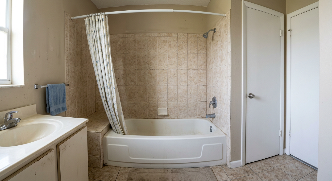 A small bathroom with a tiled bathtub and shower, a shower curtain, a sink with cabinet, a towel rack with a blue towel, and two closed white doors—ideal for inspiration in your next bathroom renovation or makeover.