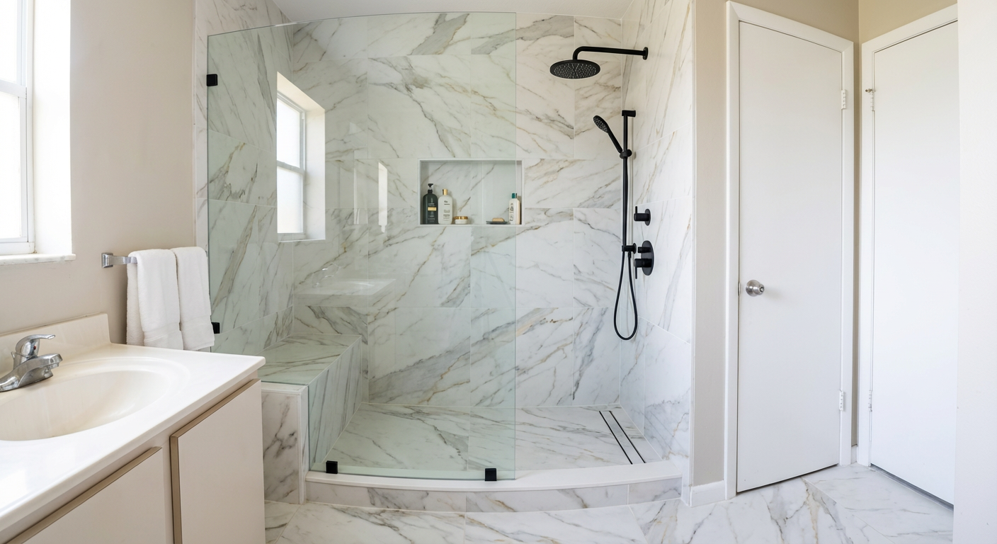 Modern bathroom renovation featuring a glass-enclosed marble shower with built-in bench, black fixtures, and an adjacent white sink with towel rack.